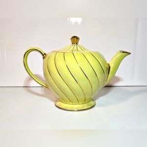 Sadler Swirl Striped Teapot Gold on Yellow Vintage English Ceramic Serveware